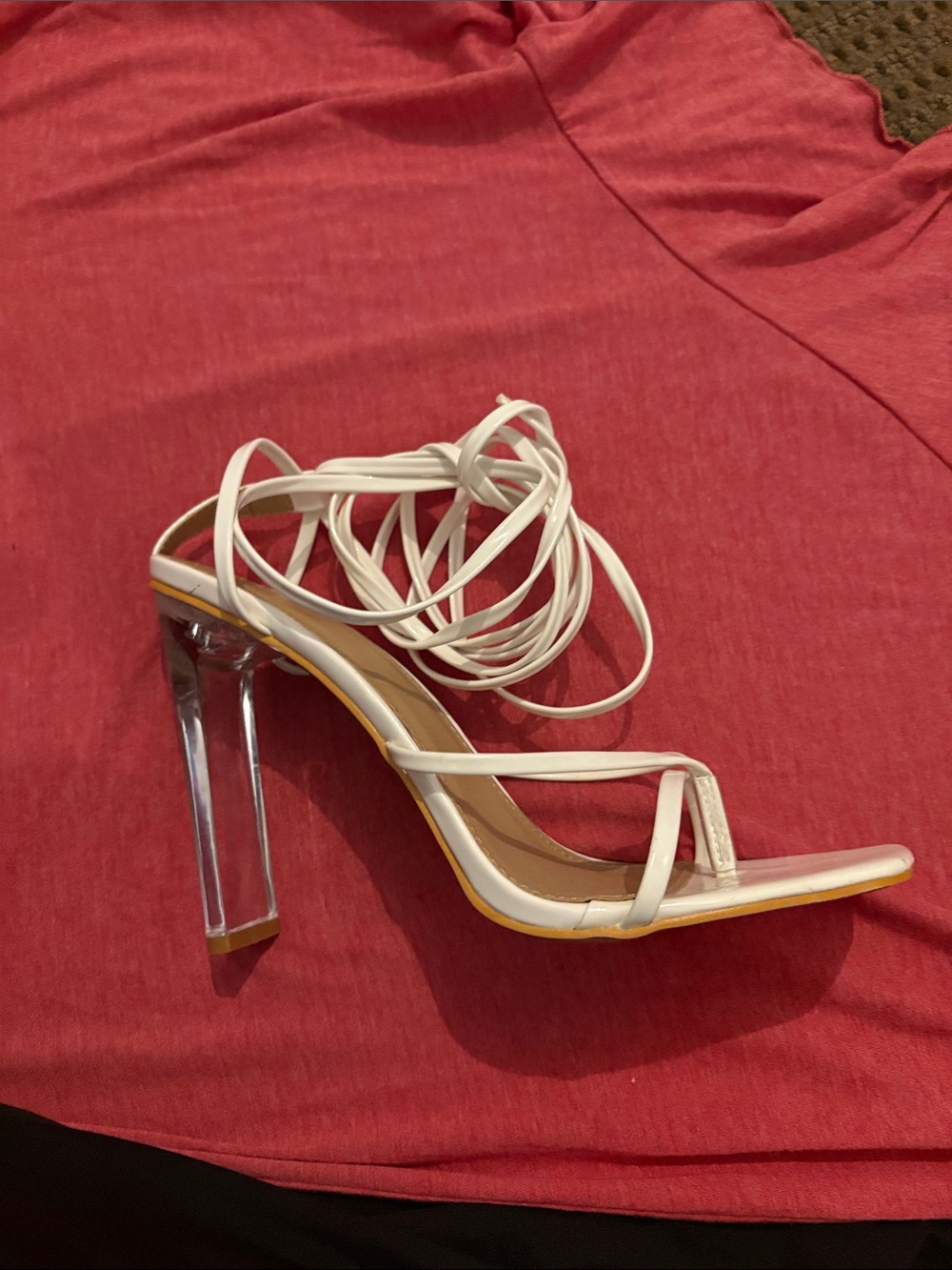 White Lace-Up Clear Heel Sandals